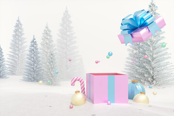 Leinwandbilder - Winter Christmas background with empty gift box. 3d rendering.