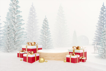 Leinwandbilder - Winter Christmas background with product stand and gift box decoration. 3d rendering.