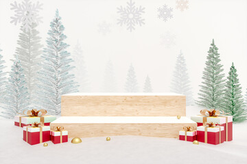 Leinwandbilder - Winter Christmas background with product stand and gift box decoration. 3d rendering.