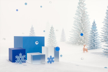 Poster - Winter Christmas background with product stand and snowflake decoration. 3d rendering.