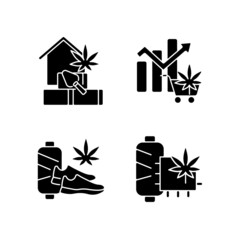 Poster - Cannabis products black glyph icons set on white space. Hempcrete building material. Global legal marijuana market. Sustainable footwear. Hemp fiber. Silhouette symbols. Vector isolated illustration