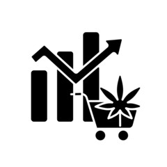 Sticker - Global legal marijuana market black glyph icon. Spikes in cannabis consumption. Increased revenue. Profitable industry. Hemp production. Silhouette symbol on white space. Vector isolated illustration