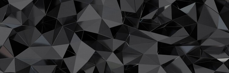 3d render, abstract black crystal background, faceted texture, macro panorama, wide panoramic polygonal wallpaper