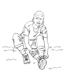 Wall Mural - Sketch of woman tying up laces on hiking boot, Hand drawn vector linear illustration