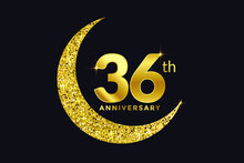 Thirty Six Years Anniversary Celebration Golden Emblem In Black Background. Number 36 Luxury Style Banner Isolated Vector.