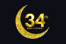 Thirty Four Years Anniversary Celebration Golden Emblem In Black Background. Number 34 Luxury Style Banner Isolated Vector.