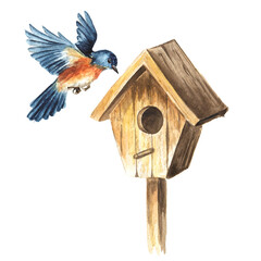 Birdhouse with birds, Spring card concept. Watercolor hand drawn illustration, isolated on the white background