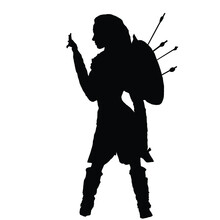 Vector Drawing Of A Black Silhouette On A White Background Of A Beautiful Girl With Long Hair. She Has A Sharp Sword And A Shield With Arrows In Her Hand. She Is Wearing Iron Armor And Boots. 2d Art