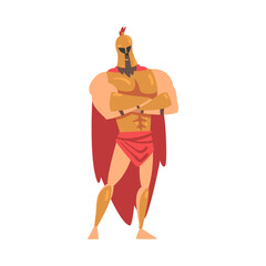 Canvas Print - Spartan Man in Red Cloak and Helmet Standing with Folded Arms Vector Illustration