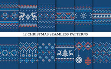 Knit Seamless Patterns. Christmas Print. Set Xmas Winter Geometric Background. Blue Knitted Sweater Texture. Holiday Fair Isle Traditional Ornament. Festive Crochet. Wool Pullover. Vector Illustration