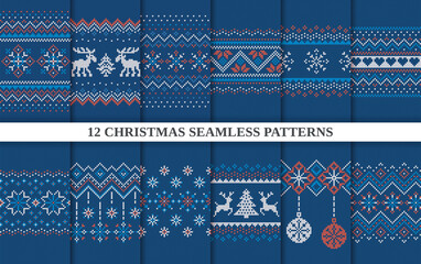 knit seamless patterns. christmas print. set xmas winter geometric background. blue knitted sweater 