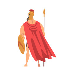 Canvas Print - Spartan Man in Red Cloak and Helmet Armed with Spear and Shield Standing Vector Illustration