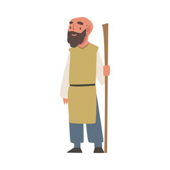 Poster - Bearded Arab Man Standing in Traditional Muslim Dress and Wide Pants Holding Cane Vector Illustration