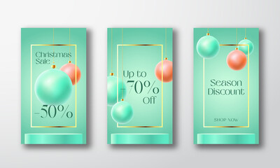 Wall Mural - Christmas Stories Vector Advertising Cards or Posters Set. Season Promo Background with Realistic Baubles and Sale Text Copy Space. New Year Winter Holidays Discount Pastel Story Decoration Templates