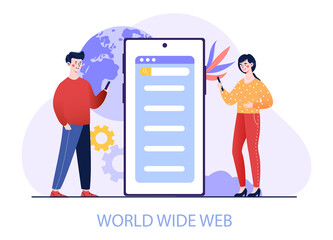 Wall Mural - global web connection concept. man and girl standing near large smartphone. chatting in internet. se