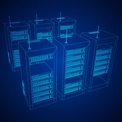 Data network server in cabinet. Diagnostic test in computer room technology communication computers and device concept. Wireframe low poly mesh vector illustration.