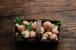 Mushrooms. royal champignon mushrooms in a wooden basket. Rustic style. Top view.