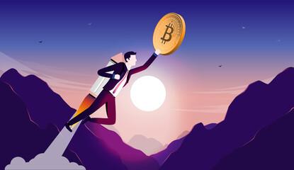 Poster - Bitcoin flying high - Man with jetpack flying upwards with bitcoins in the sky. Crypto currency price skyrocketing and value rising concept. Vector illustration