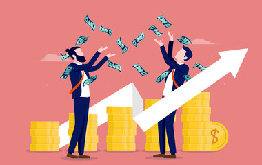 Wall Mural - Businessmen making money - Two men throwing money in air with financial graph in background. Small business success and economic growth concept. Vector illustration