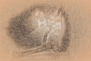 Poster - lamp with balls on woden stand and indian flute and drawing efect.