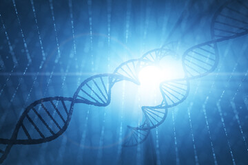 Wall Mural - dna chains illustration on shining blue cyberspace science illustration background.