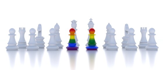 Poster - Two rainbow colors Chess pawns on white chess set. LGBT Gay Pride. 3d illustration