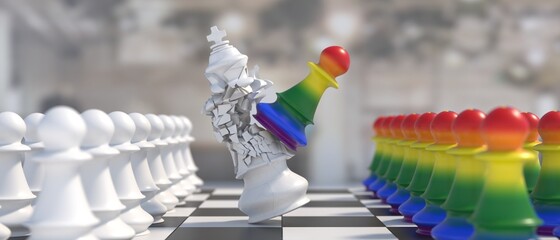 Poster - Gay Pride flag colors chess pawn attacks white king. Fight for LGBT rights. 3d illustration