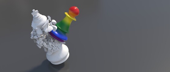 Sticker - Gay Pride flag colors chess pawn attacks white king on black background. 3d illustration