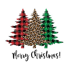 Wall Mural - Festive Christmas tree card in pattern at Buffalo Plaid and leopard pattern.