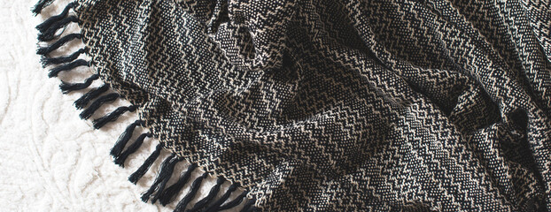 Black and white blanket, textile texture with pattern