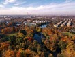 Autumn panorama of the city of Lodz .Autumn city park. City ponds and water reservoirs Top view, photo from the drone 