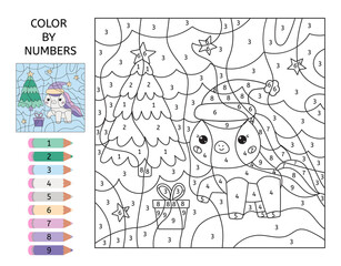 Wall Mural - Color by number educational game. Cute kawaii unicorn, gift box and Christmas tree. Learn numbers for preschoolers. Black and white coloring page. Printable worksheet.