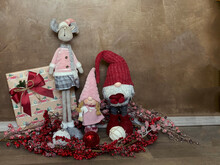 Group Christmas Soft Toy Elves Isolated On Dark Background
