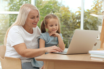 Sticker - Happy grandmother and her granddaughter using laptop together at home