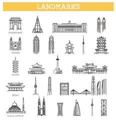 Wall Mural - Simple linear Vector icon set representing global tourist asian landmarks and travel destinations for vacations