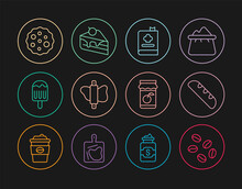 Set Line Coffee Beans, French Baguette Bread, Cookbook, Rolling Pin On Dough, Ice Cream, Cookie Or Biscuit, Jam Jar And Piece Cake Icon. Vector