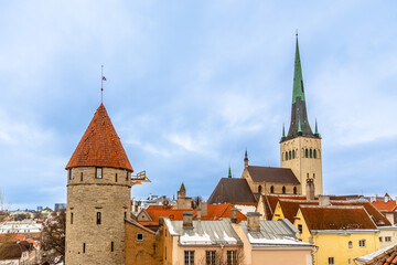 Old Tallinn town, view to the Stolting tower and Saint Olaf's church, Estonia