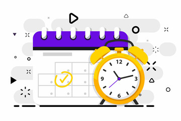Poster - Time management. Calendar and clock as concept for effective time planning for greater productivity. Efficient workday. Workflow organization. Deadline respect, multitasking. Effective time management