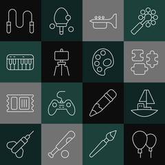 Sticker - Set line Balloons, Toy boat, Puzzle pieces toy, Trumpet, Wood easel, Music synthesizer, Jump rope and Palette icon. Vector