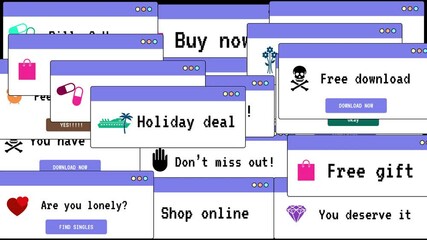 Internet ad popup window. Motion graphic of computer interface windows popping up with advertising deal messages. Computer virus, attention or internet security (hacking) alert frame.