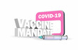 3d illustration of Vaccine mandate text ,Covid 19 testing card and syringe on white background