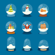Set Of Glass Snow Globes, Christmas Souvenirs, Winter Snowballs, Magic Xmas Crystal Orbs Empty Domes, Snowman, Santa