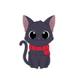 Ręcznie rysowany uroczy mały kotek w czerwonym szaliku. Wektorowa ilustracja zadowolonego, siedzącego kota. Słodki, chętny do zabawy zwierzak. Kot gotowy na zimę.
