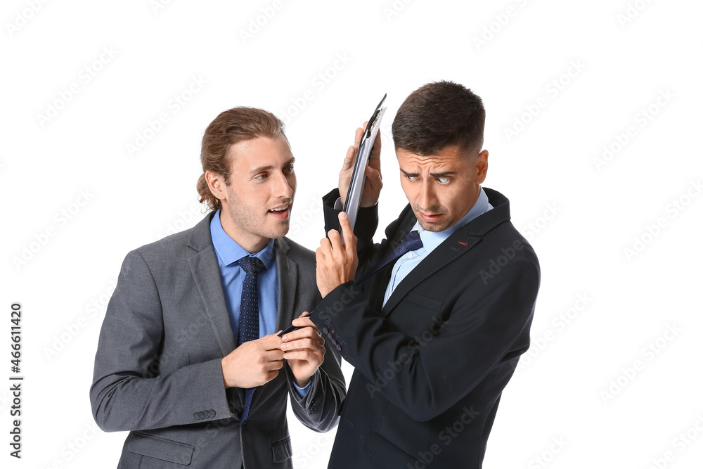 Man harassing his male colleague on white background