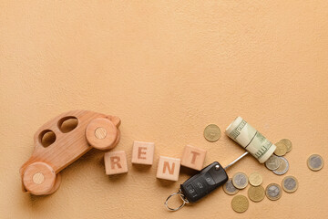 Poster - Word RENT with wooden car, key and money on beige background