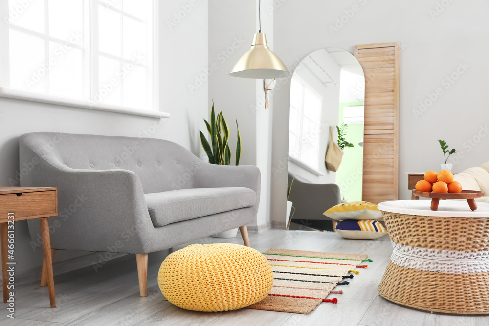 Modern living room interior with stylish mirror and sofa