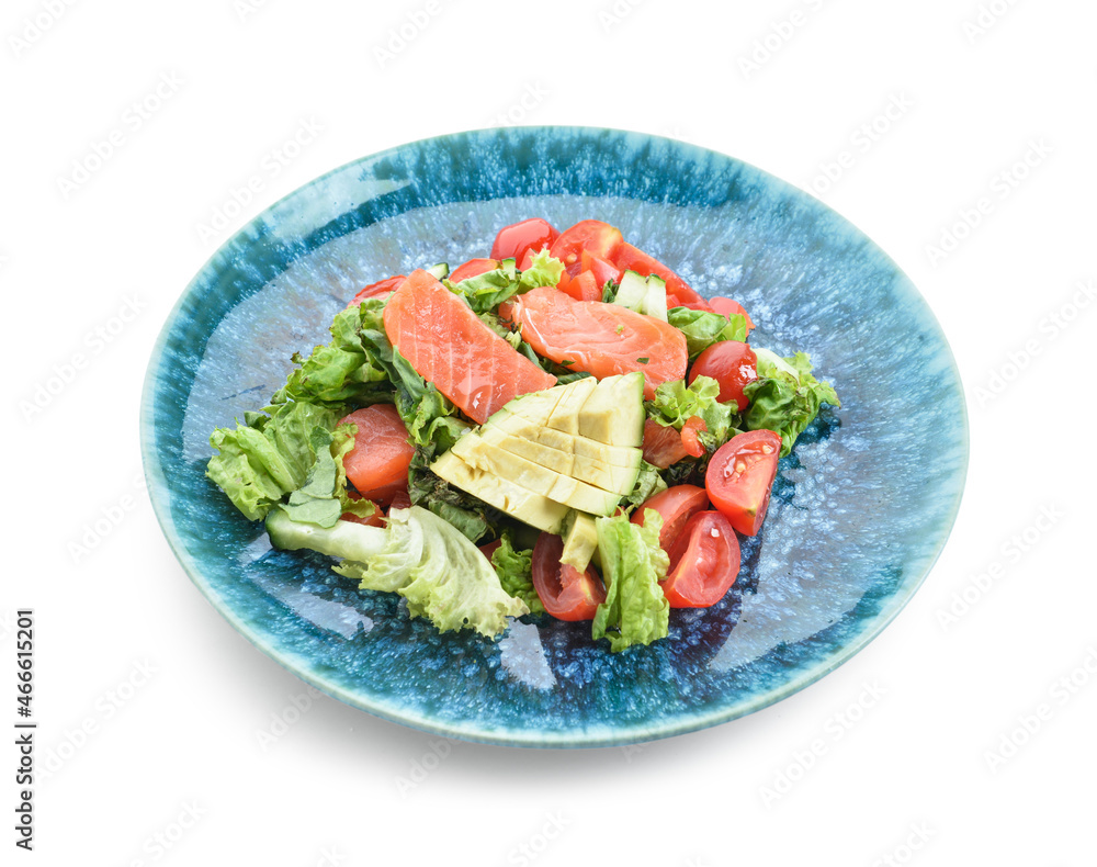 Tasty salad with salmon and vegetables on white background
