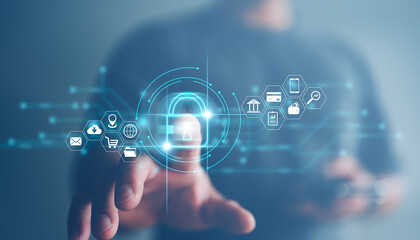 Fototapete - Cybersecurity and privacy concepts to protect data. Lock icon and internet network security technology. Businessman protecting personal data on smart phone with virtual screen interfaces.