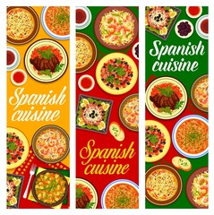 Wall Mural - Spanish cuisine food vector banners with dishes of seafood, meat, vegetables and fish. Rice and pasta paella, tuna olive and potato bean salads, extremadura steak, veggie ham stew, bean sausage soup