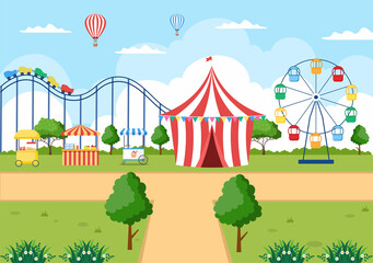 Wall Mural - Summer Fair with Carnival, Circus, Funfair or Amusement Park. Landscape of Carousels, Roller Coaster, Air Balloon and Playground Vector Illustration